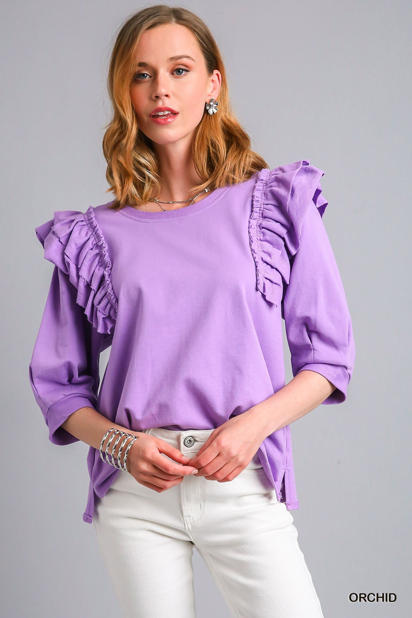 French Terry Top With Ruffle Sleeve