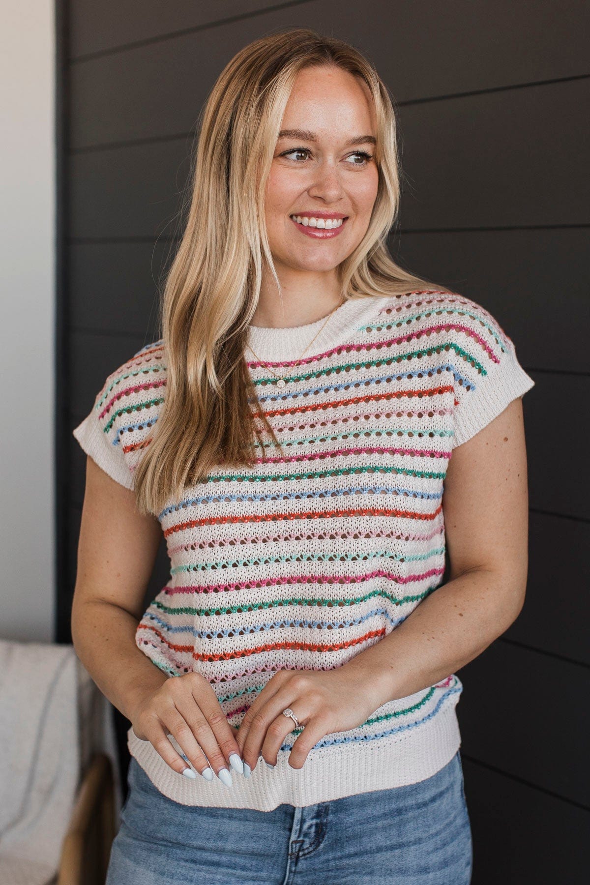 SS multi stripe crew neck top