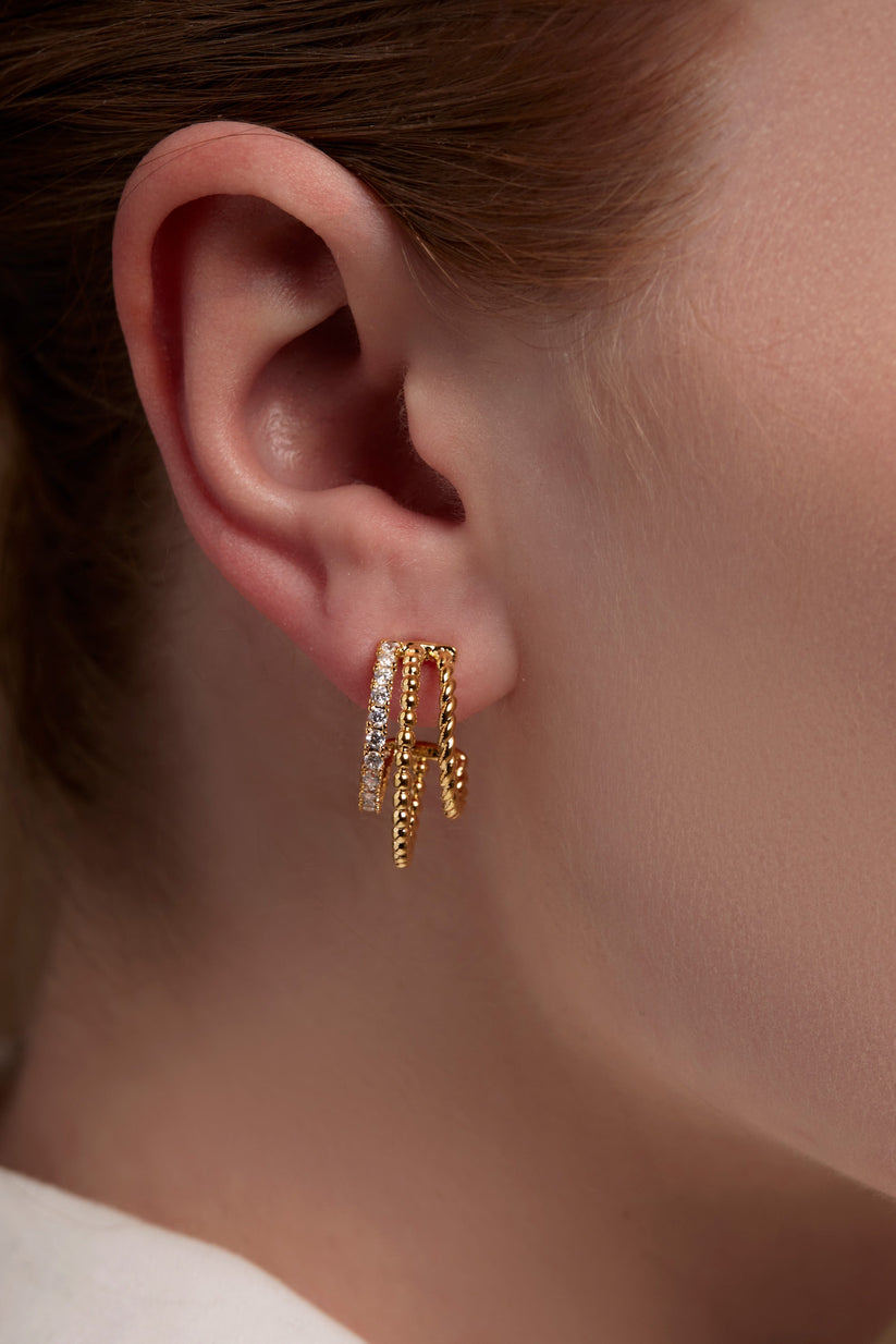 Triple Hoope Pave Huggie Earrings