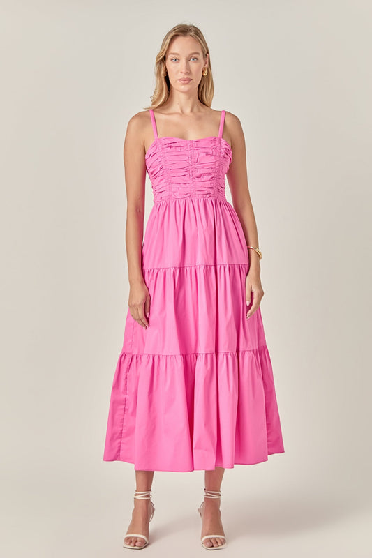 Pink Ruched Midi Dress