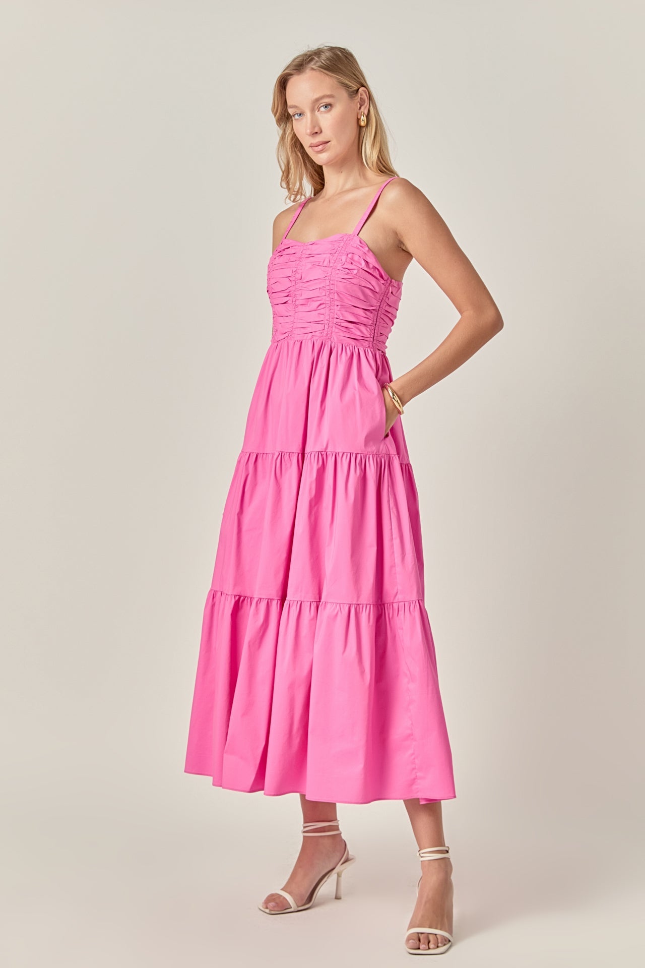 Pink Ruched Midi Dress