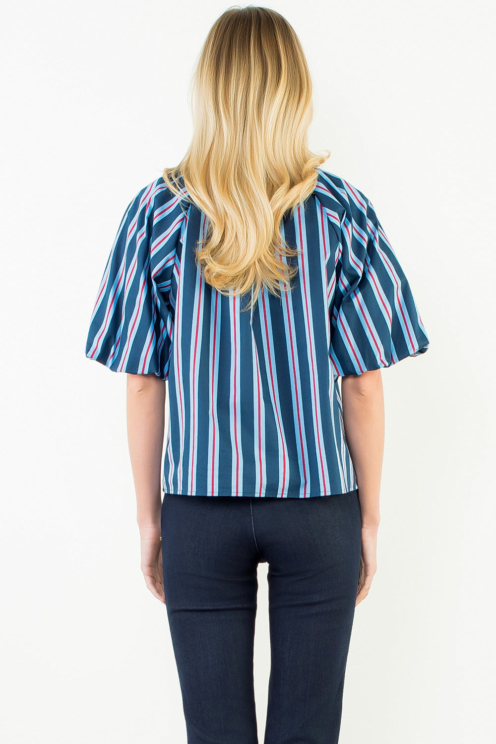 Stripe Puff Sleeve Tie Front