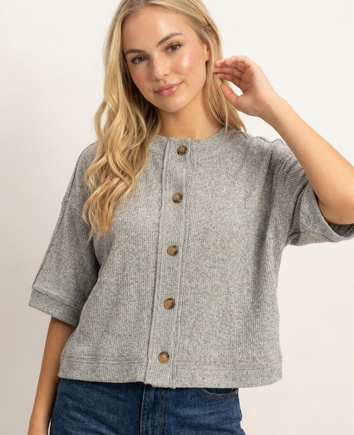 Button Down Short Sleeve Waffle Top