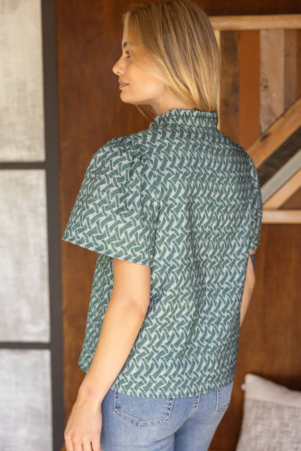 35967 Ruffled High Neck Abstract Printed Top