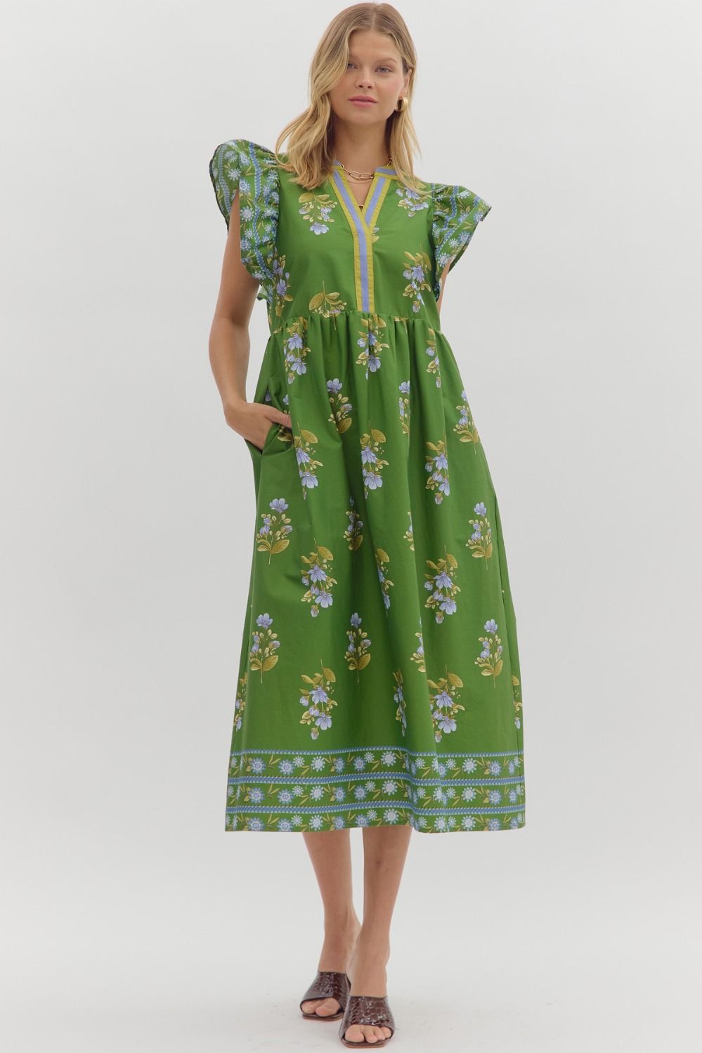 Green floral mid dress