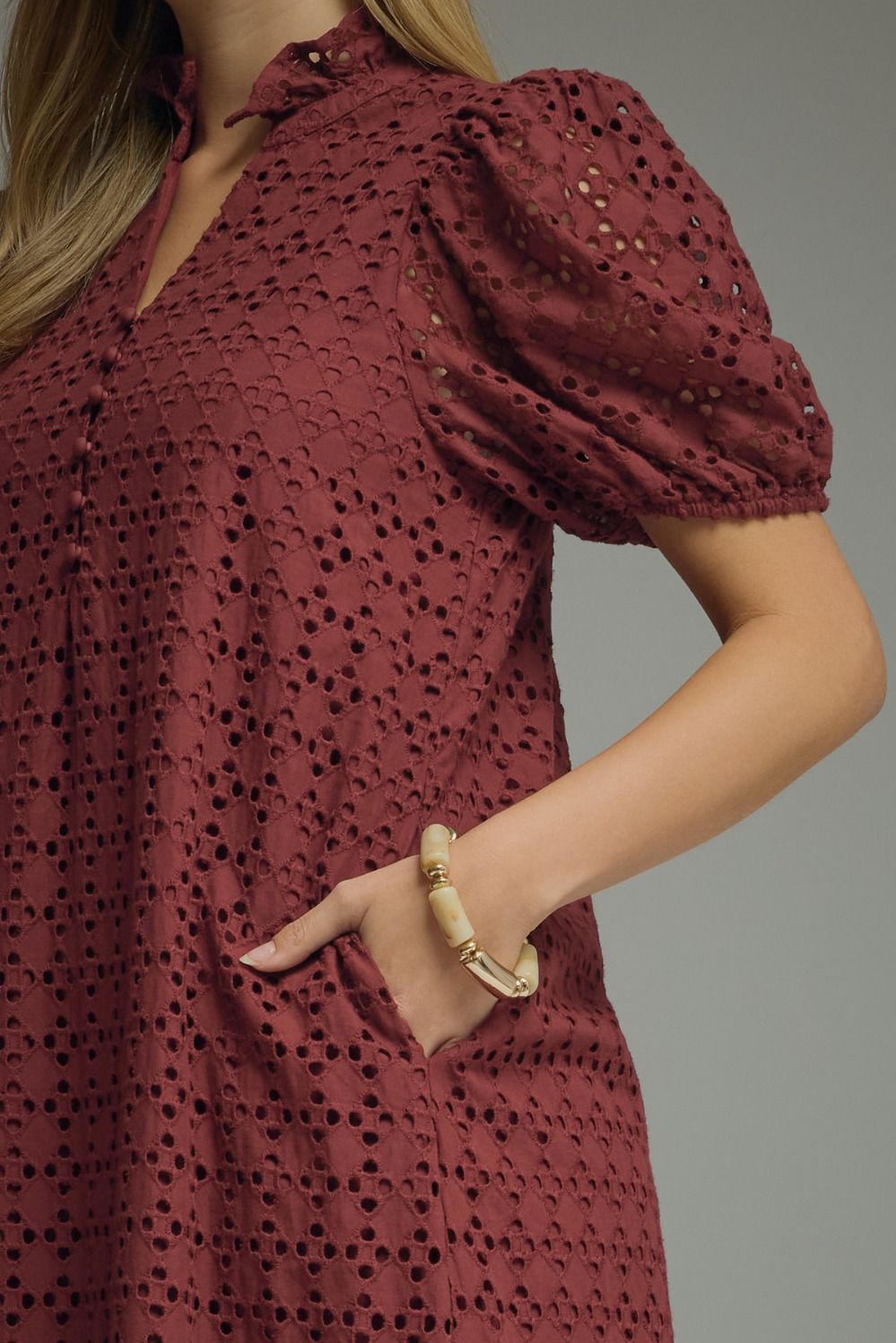 Burgundy Eyelet Puff Midi Dress