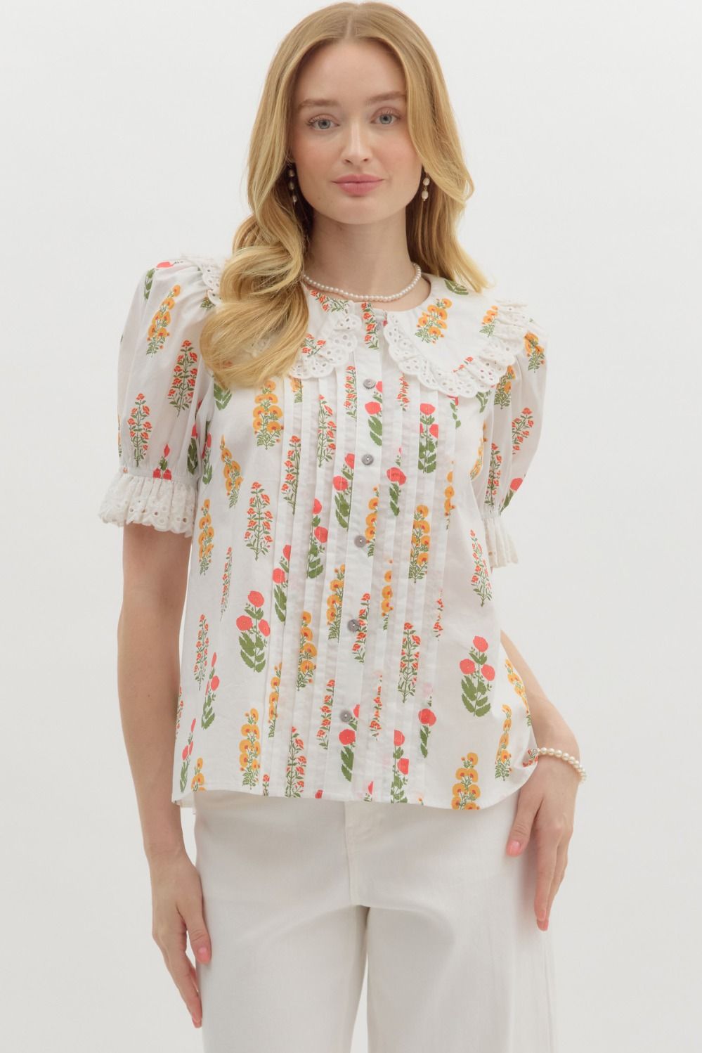 Floral Print Eyelet Trim Collar Top