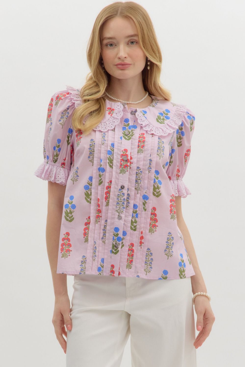 Floral Print Eyelet Trim Collar Top