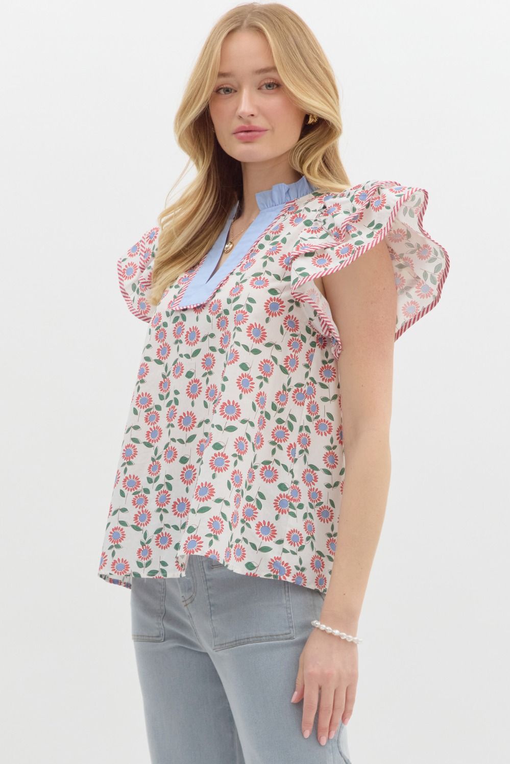 Red Stripe Floral Collared Top