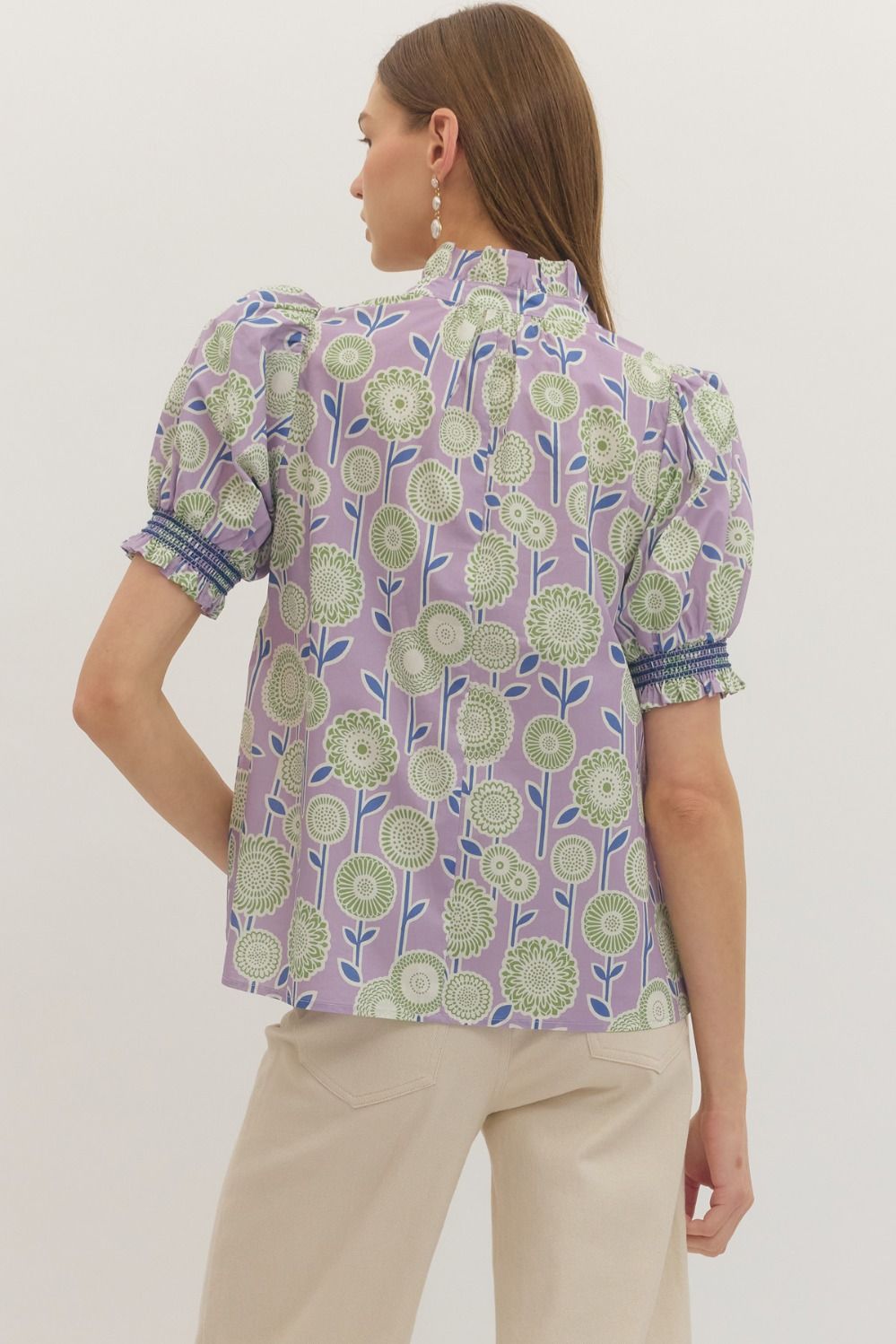 Floral print puff front closure