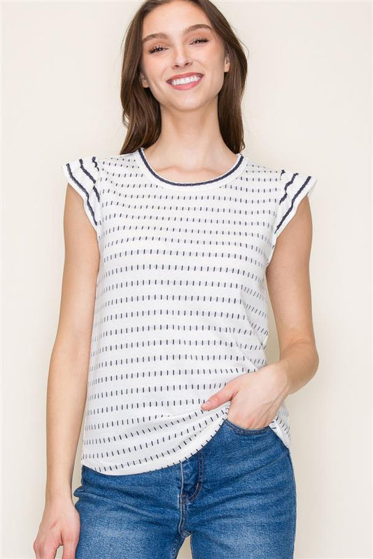 Ruffle Cap Sleeve Terry Stripe Top