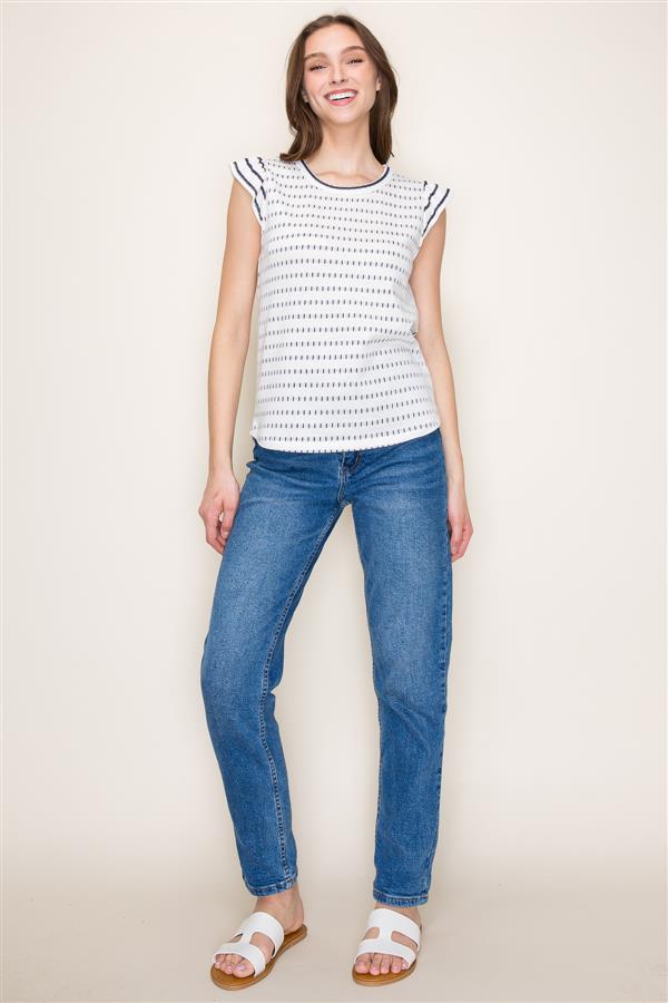 Ruffle Cap Sleeve Terry Stripe Top