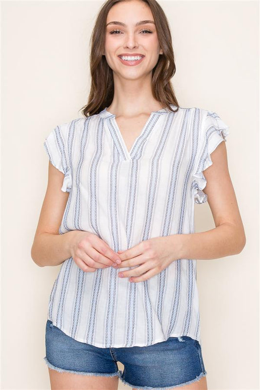 V-neck Ruffle Sleeve Striped Top