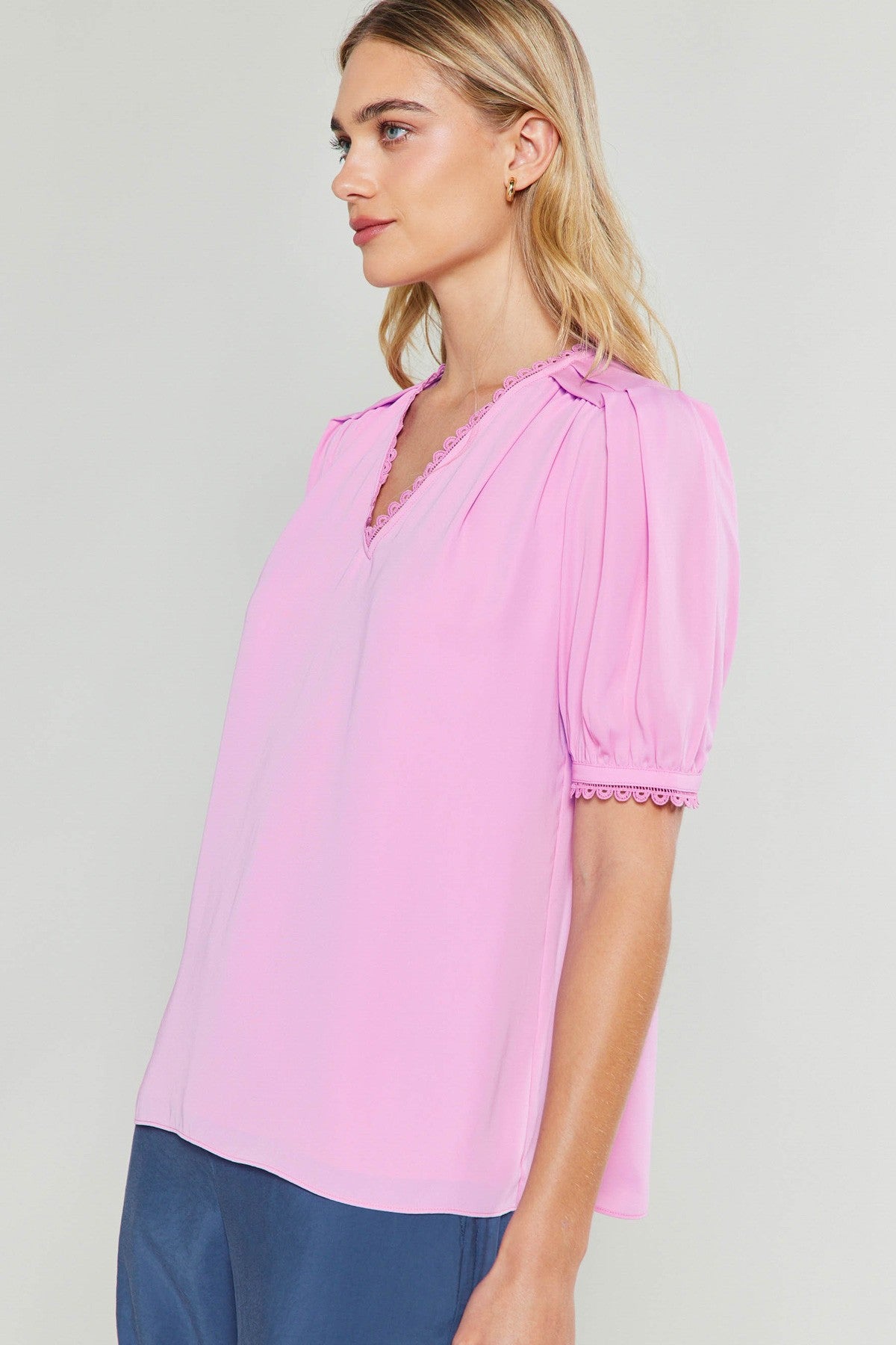 Short Sleeve Blouse With Lace Trim & Pleat