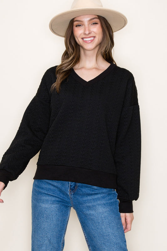 V Neck Cabled Knit Top