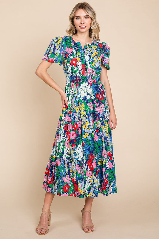 tiered floral print v neck midi dress