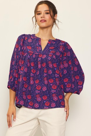 Floral Printed Blouse - Grape/Red