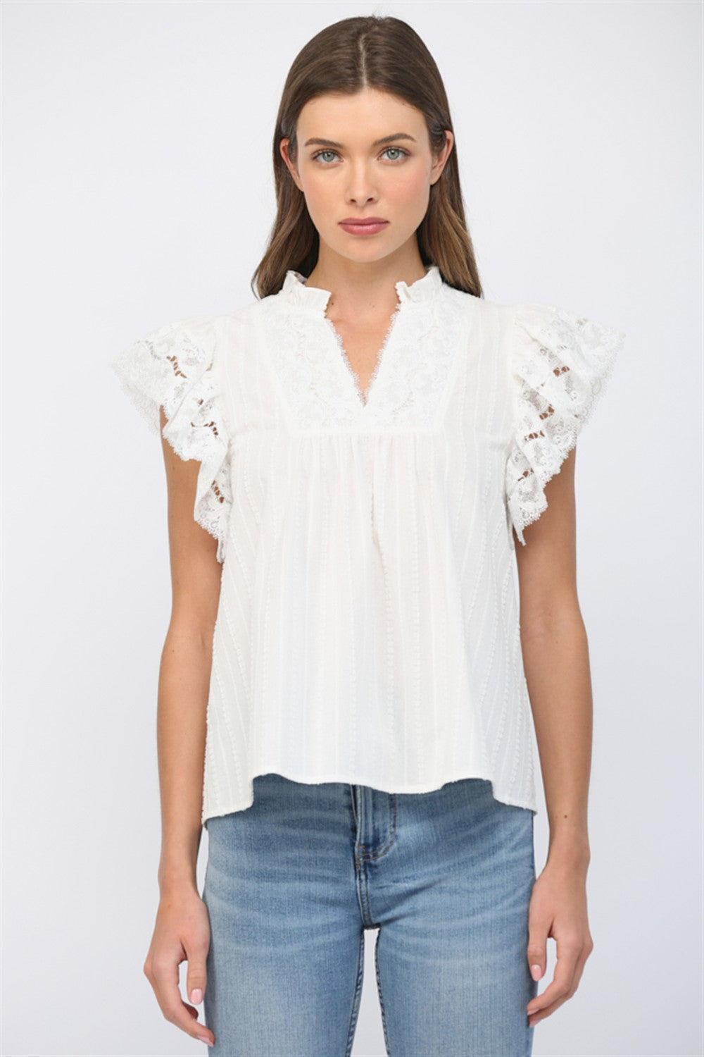 Ruffled short sleeve V neck top