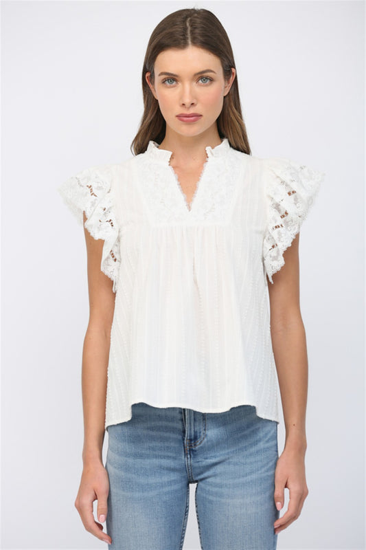 Ruffled short sleeve V neck top