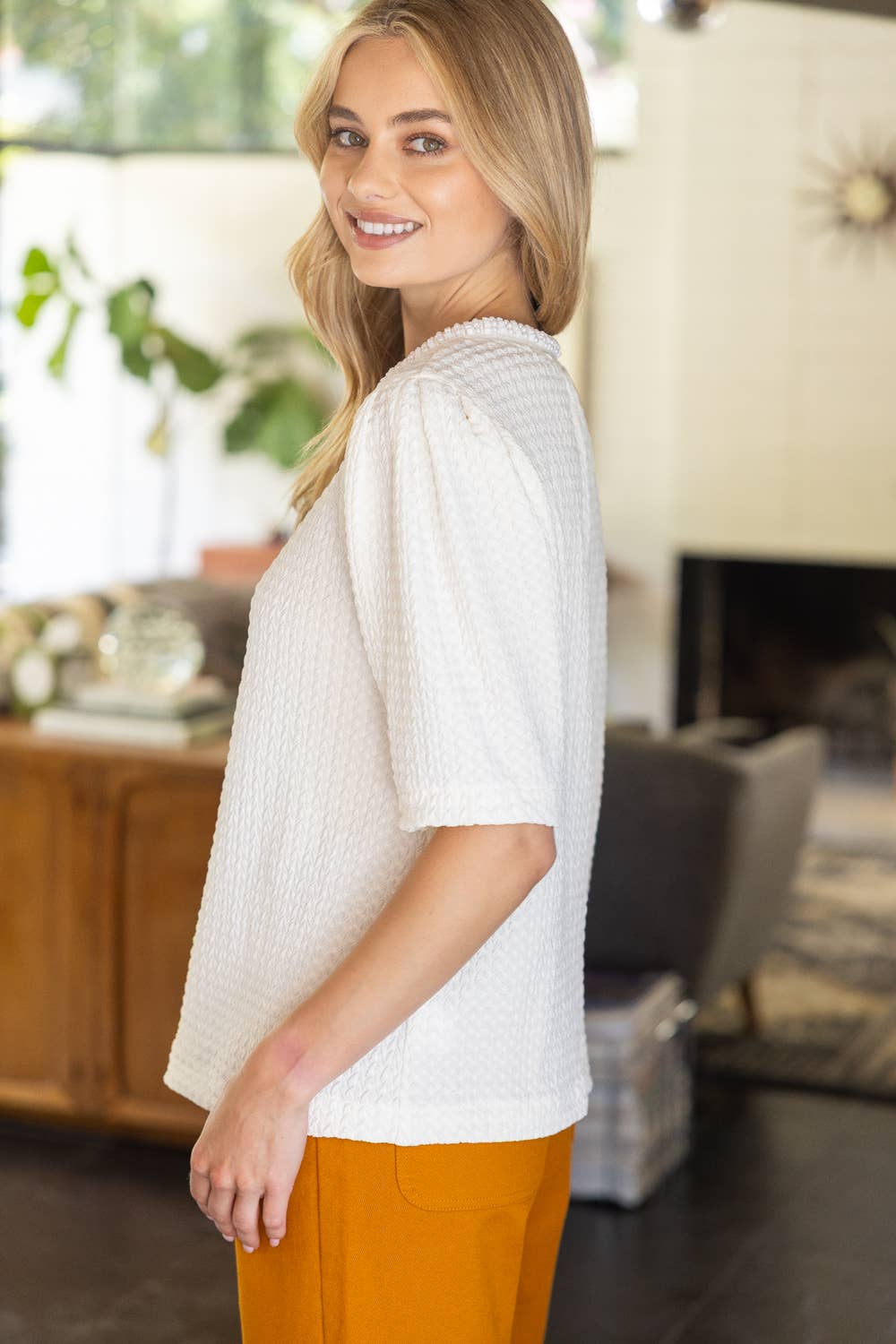 36017 Pearl Neck Trim Textured Solid Knit Top