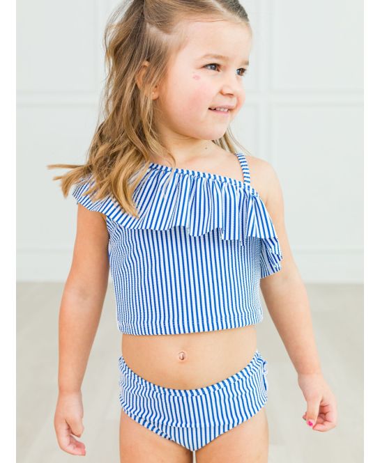 Blue Seersucker One Shoulder Ruffle Tankini