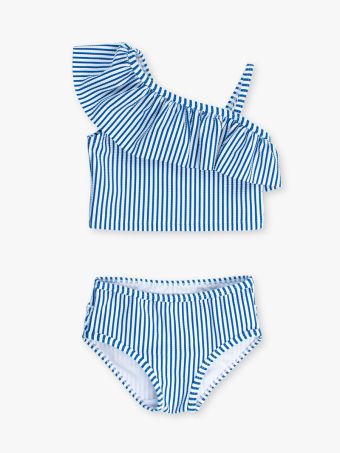 Blue Seersucker One Shoulder Ruffle Tankini