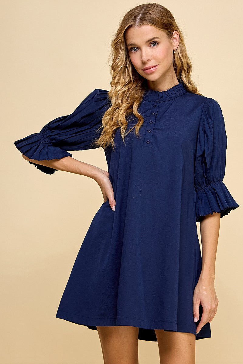 Shift Dress with Pleated Sleeves and Neckline