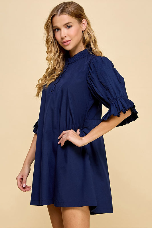 Shift Dress with Pleated Sleeves and Neckline