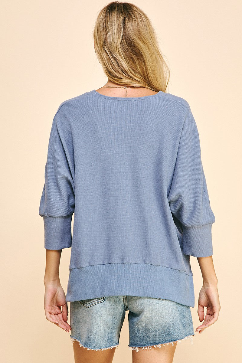 Steel Blue V-neck 3/4 Sleeve Top