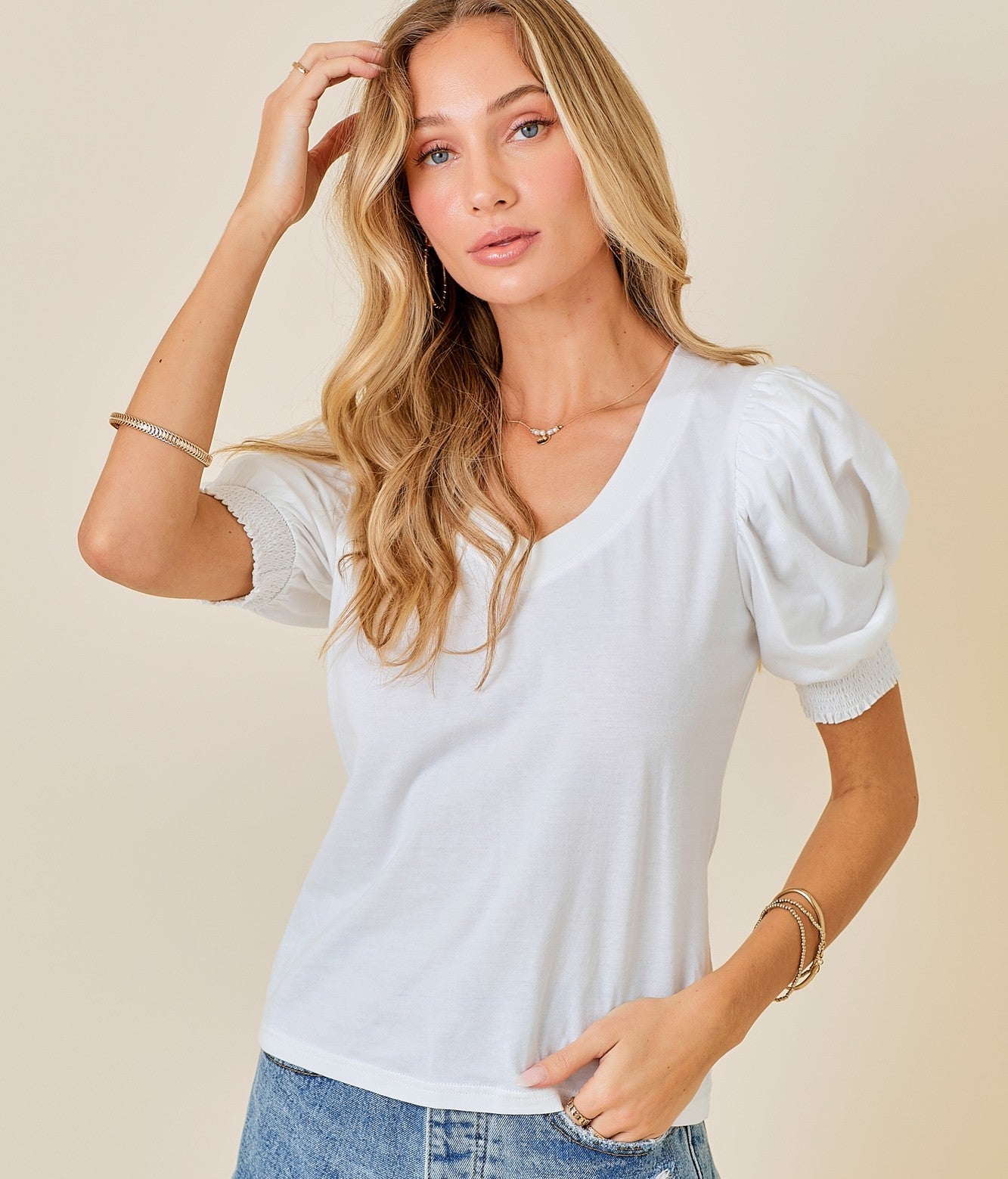 Puff Sleeve V-Neck Tshirt Top