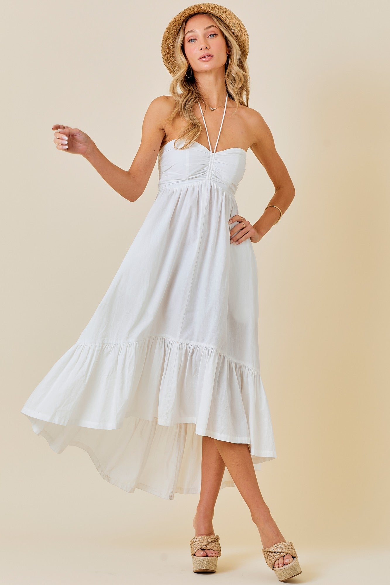 Ruched Halter Ruffle Hem Midi Dress