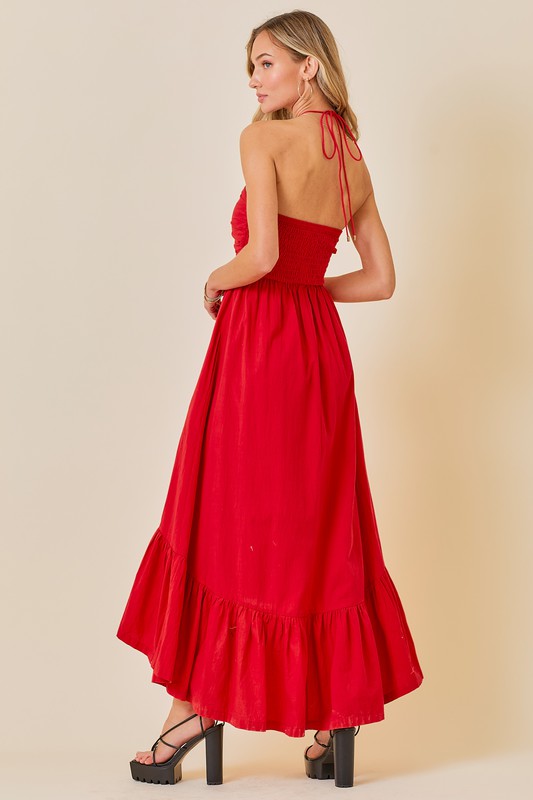 Ruched Halter Ruffle Hem Midi Dress