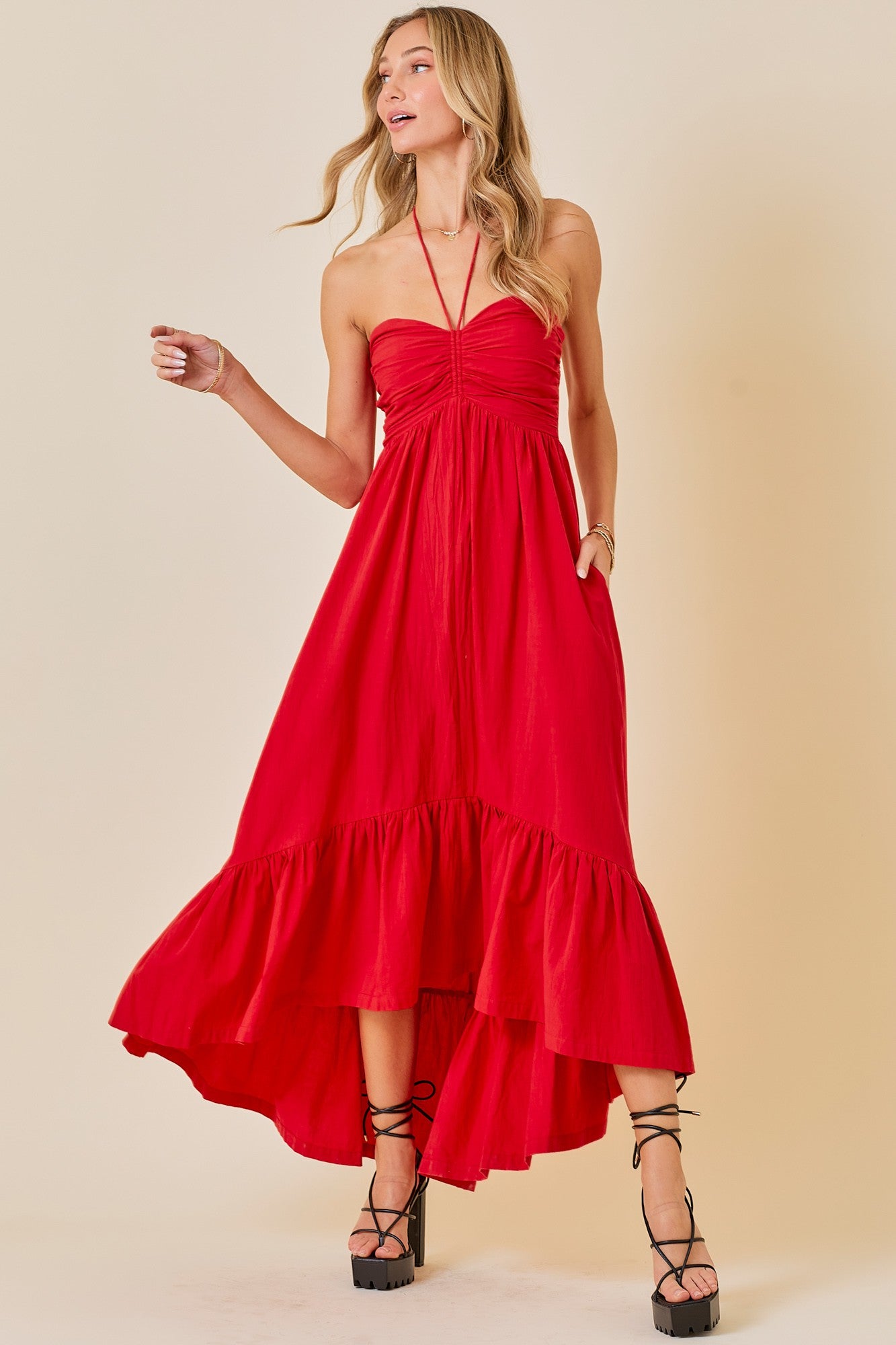Ruched Halter Ruffle Hem Midi Dress
