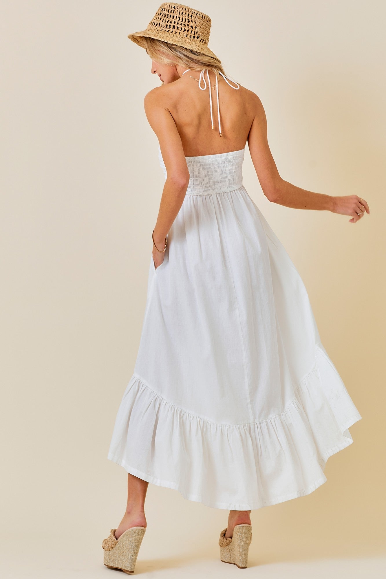 Ruched Halter Ruffle Hem Midi Dress