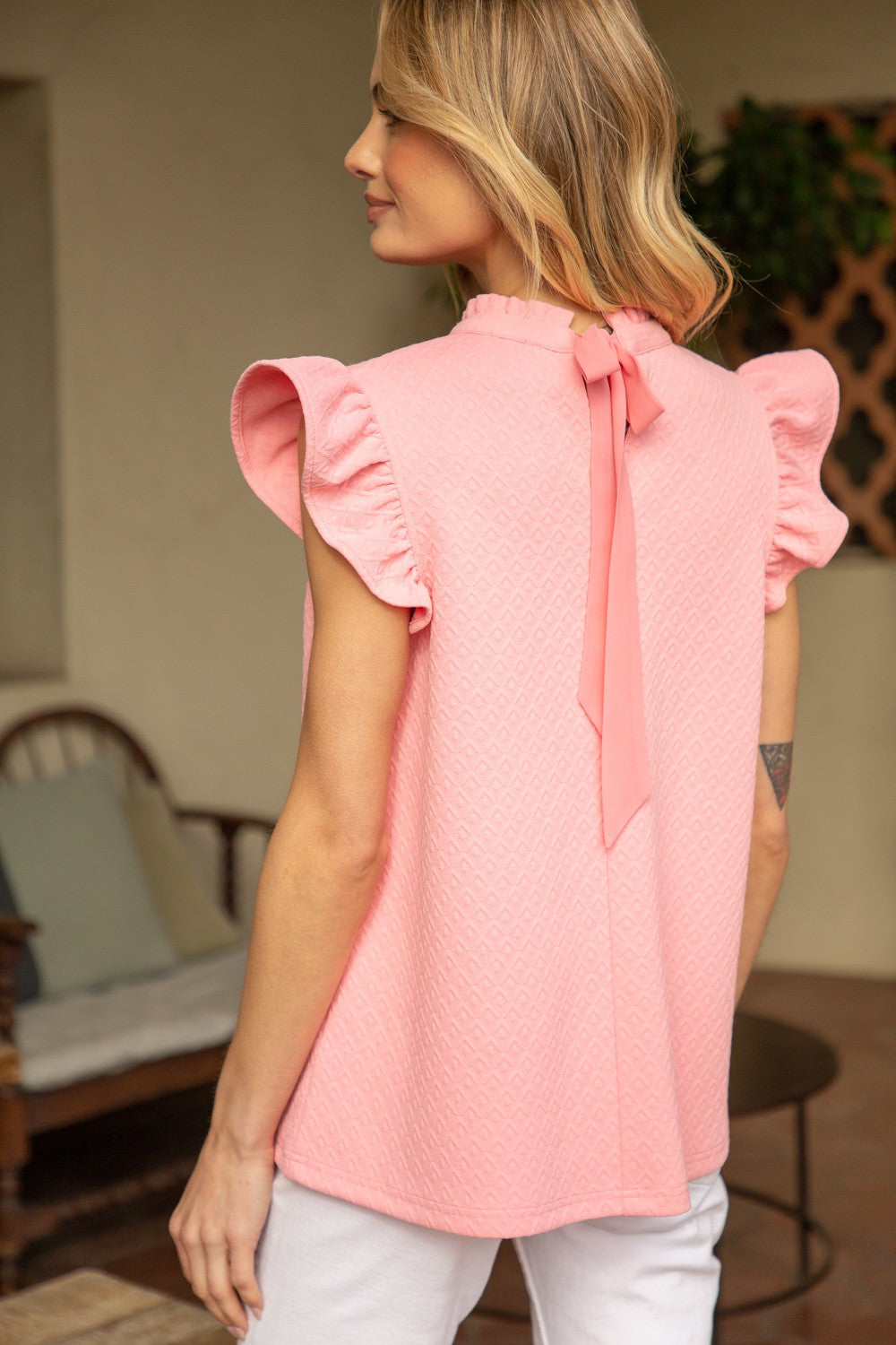Chiffon Back Neck Tie Textured Knit Top