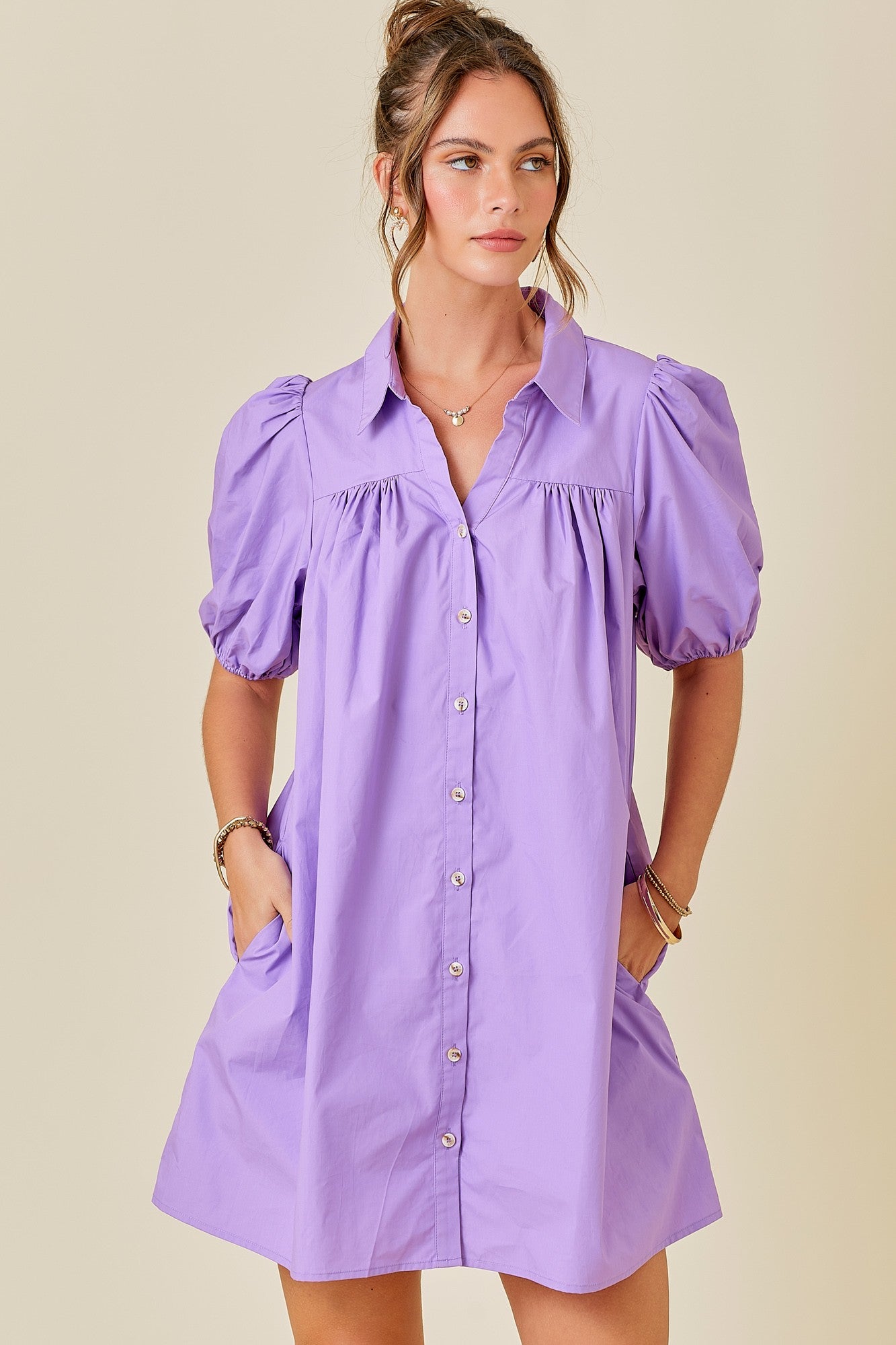 Puff Sleeve Button Down Shirt Dress