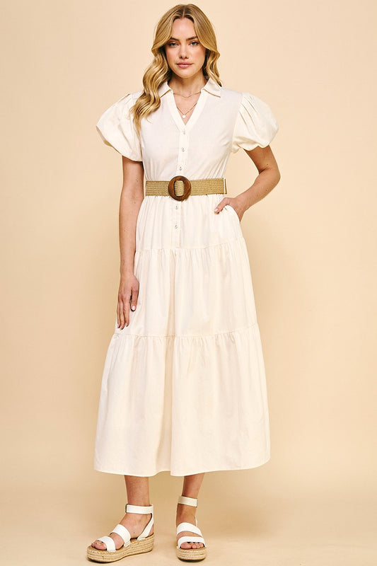 Button Down Short Sleeve Collared Dress With Belt