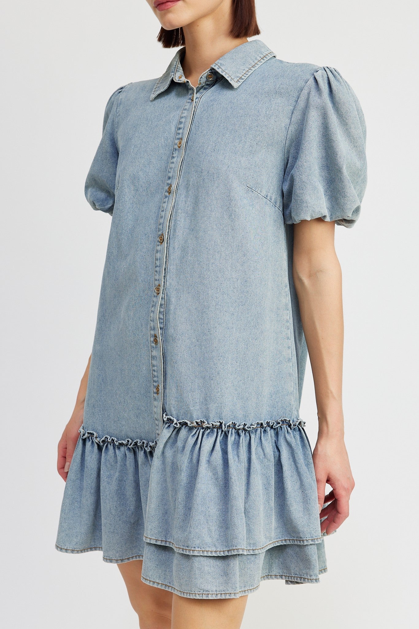 Denim Puffed Short Sleeve Dress
