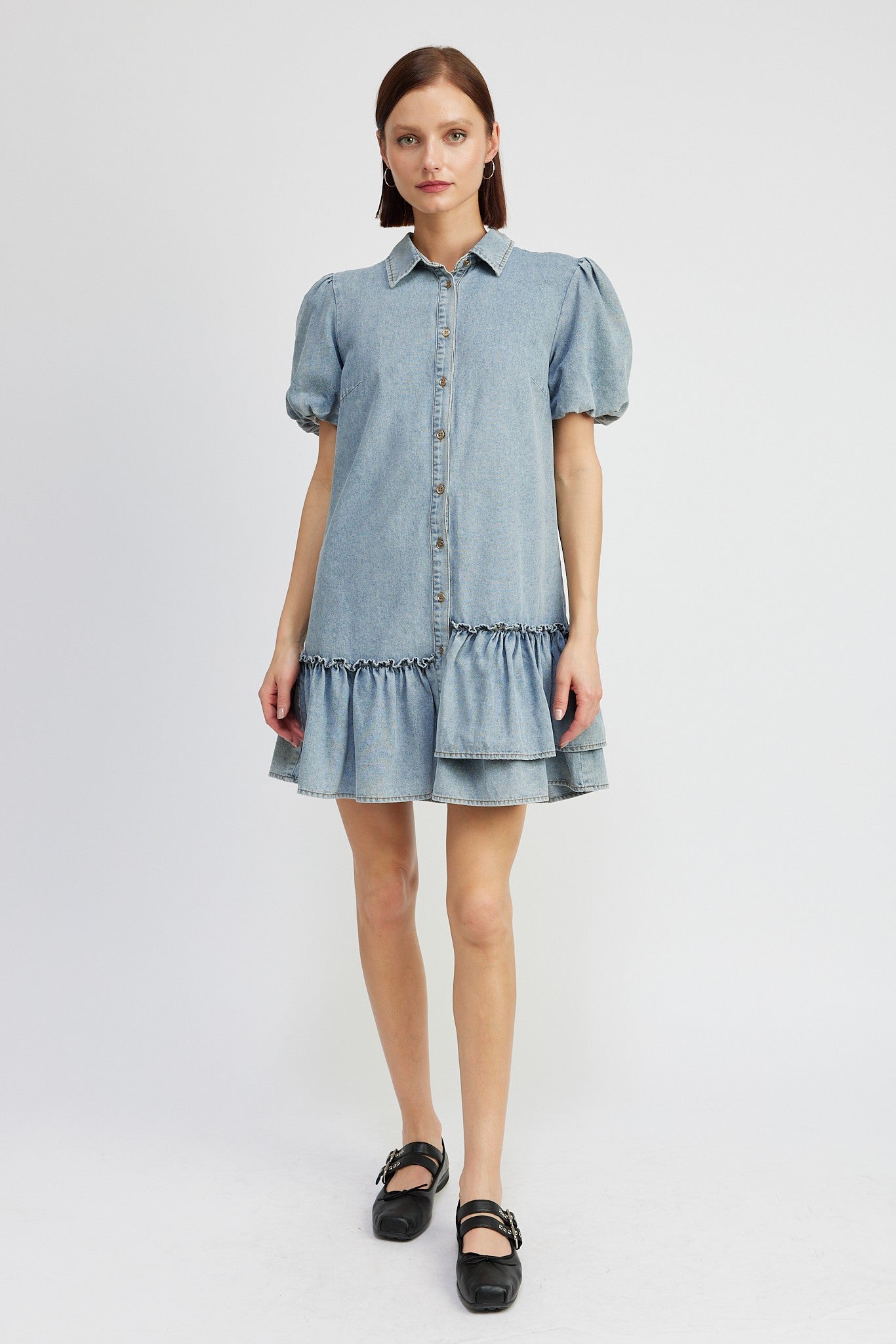Denim Puffed Short Sleeve Dress