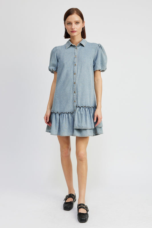 Denim Puffed Short Sleeve Dress