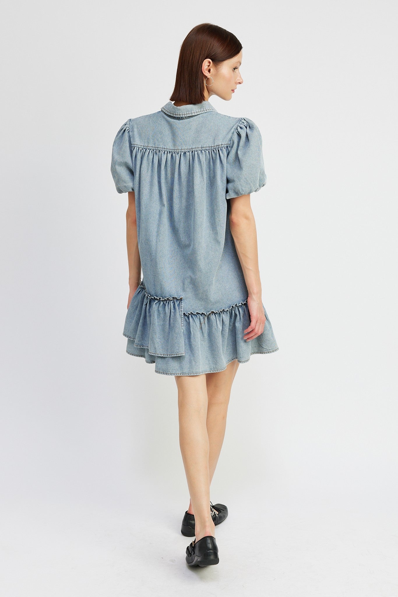 Denim Puffed Short Sleeve Dress