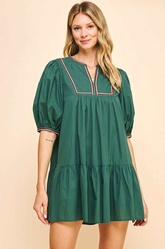 Green Tape Trim Mini Dress