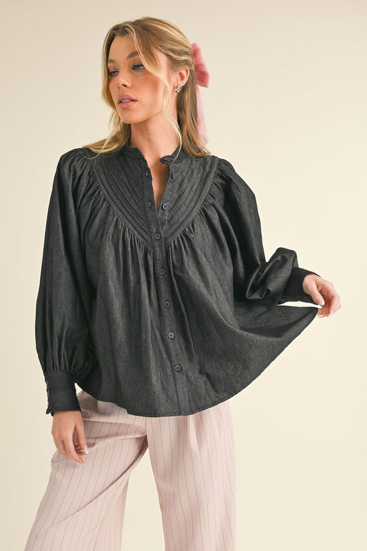 Pleated Yoke Button Down Top