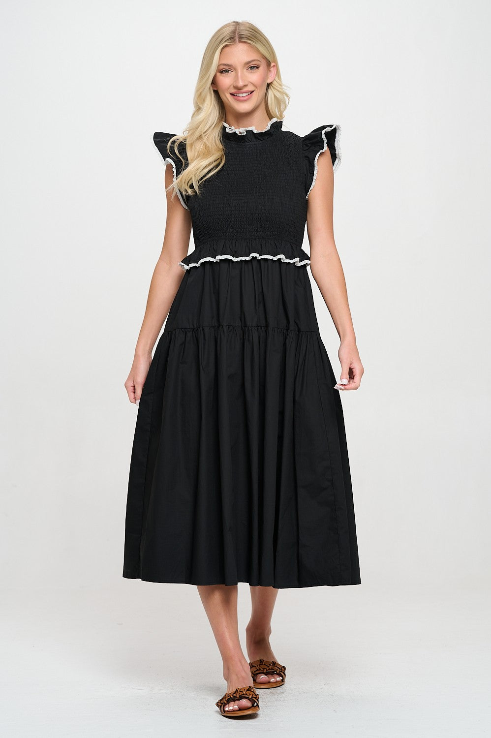 BLACK POPLIN CROCHET TRIM DRESS