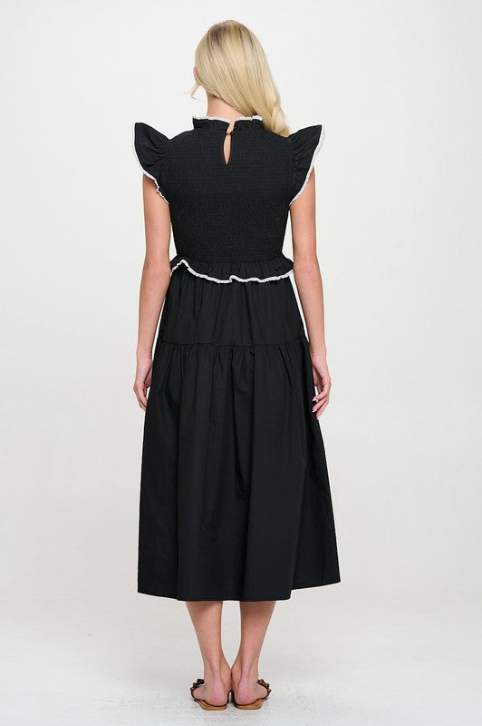 BLACK POPLIN CROCHET TRIM DRESS