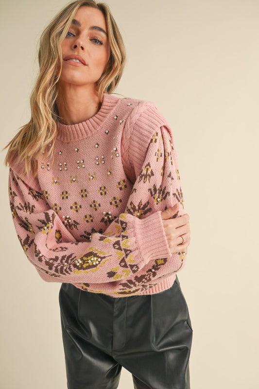 PEARL EMBELLISHED PUFF SLEEVE SWEATER