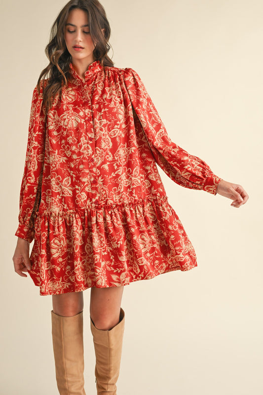 FLORAL LONG SLEEVE DROP WAIST MINI DRESS