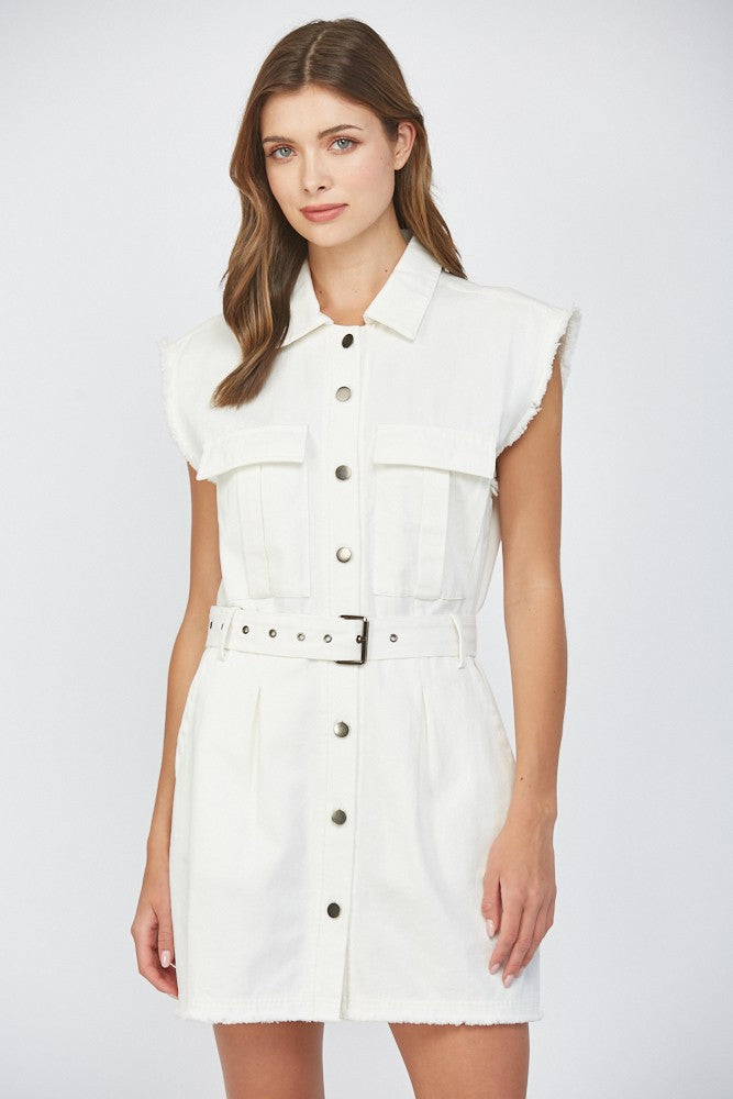Raw Edge Detail Belted Dress
