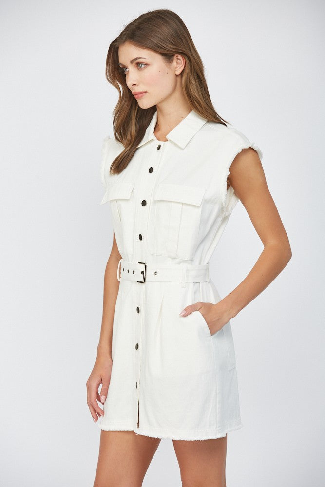 Raw Edge Detail Belted Dress