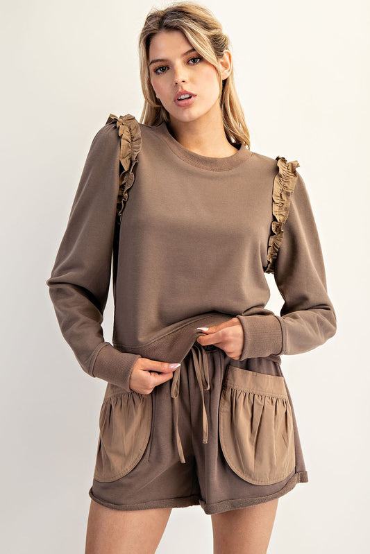 Ruffle Shoulder Long Sleeve Pullover